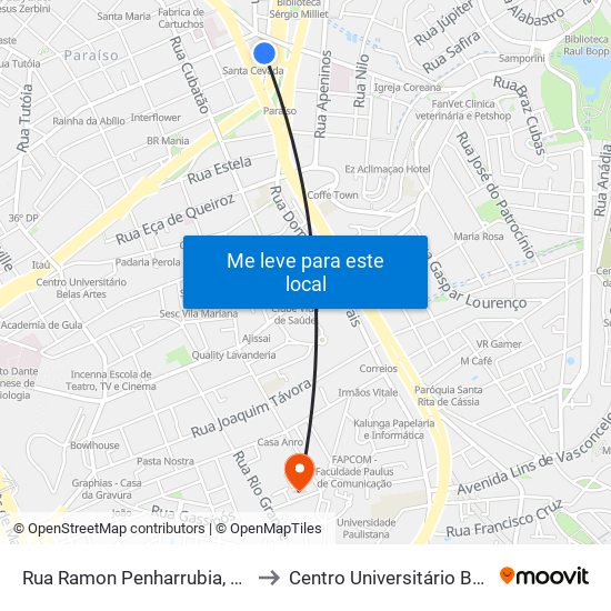 Rua Ramon Penharrubia, 180 - Bela Vista, São Paulo to Centro Universitário Belas Artes de São Paulo map