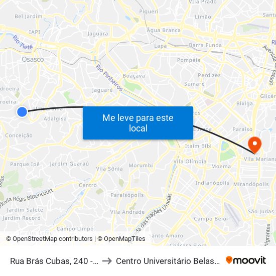 Rua Brás Cubas, 240 - Veloso, Osasco to Centro Universitário Belas Artes de São Paulo map