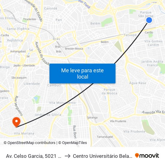 Av. Celso Garcia, 5021 - Tatuapé, São Paulo to Centro Universitário Belas Artes de São Paulo map