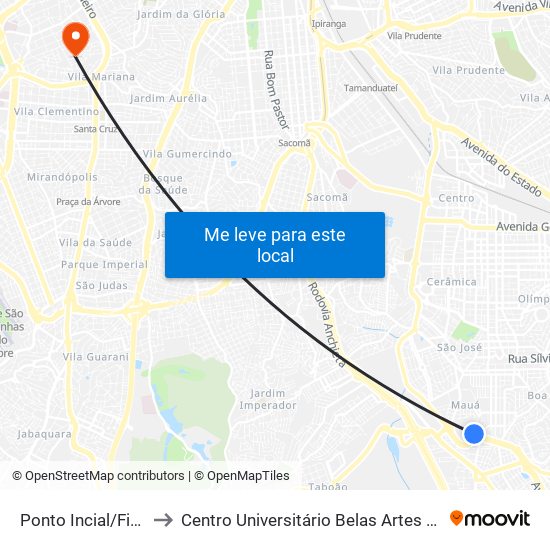 Ponto Incial/Final 008 to Centro Universitário Belas Artes de São Paulo map