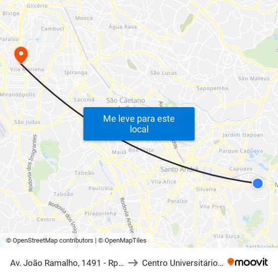 Av. João Ramalho, 1491 - Rp3 (Regiões de Planejamento), Mauá to Centro Universitário Belas Artes de São Paulo map