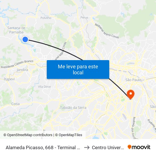 Alameda Picasso, 668 - Terminal do Residencial Burle Marx - Res. Onze (Alphaville), Santana de Parnaíba to Centro Universitário Belas Artes de São Paulo map