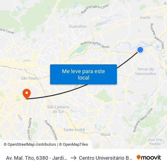 Av. Mal. Tito, 6380 - Jardim das Oliveiras, São Paulo to Centro Universitário Belas Artes de São Paulo map