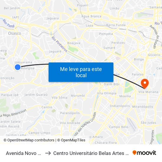 Avenida Novo Osasco to Centro Universitário Belas Artes de São Paulo map