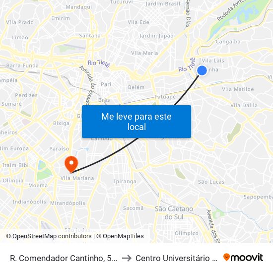 R. Comendador Cantinho, 524 - Penha de França, São Paulo to Centro Universitário Belas Artes de São Paulo map