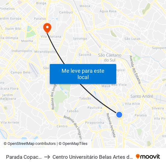 Parada Copacabana to Centro Universitário Belas Artes de São Paulo map