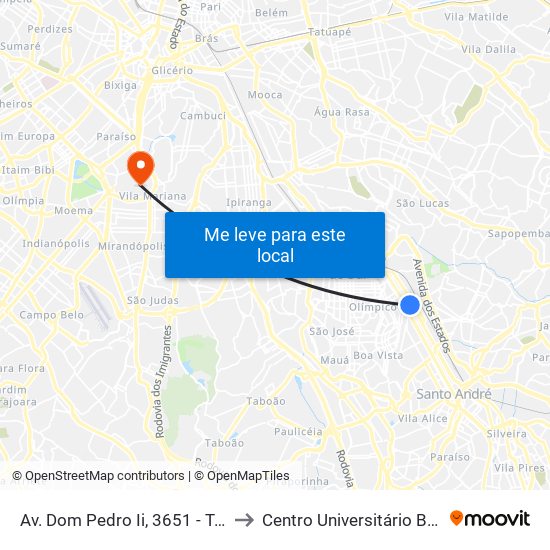 Av. Dom Pedro Ii, 3651 - Tamanduateí 1, Santo André to Centro Universitário Belas Artes de São Paulo map