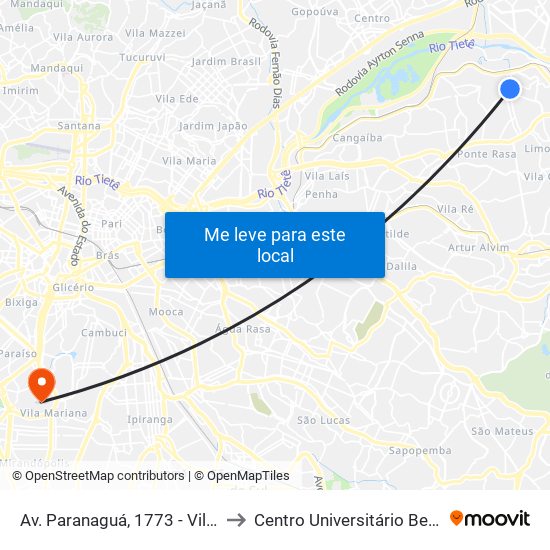 Av. Paranaguá, 1773 - Vila Paranagua, São Paulo to Centro Universitário Belas Artes de São Paulo map