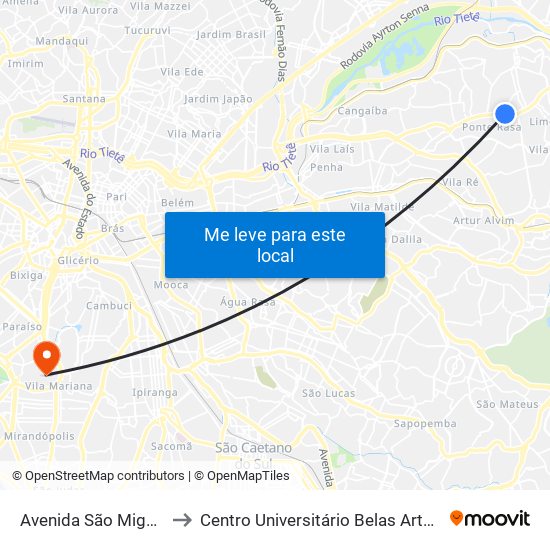 Avenida São Miguel 5263 B to Centro Universitário Belas Artes de São Paulo map