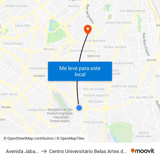 Avenida Jabaquara to Centro Universitário Belas Artes de São Paulo map