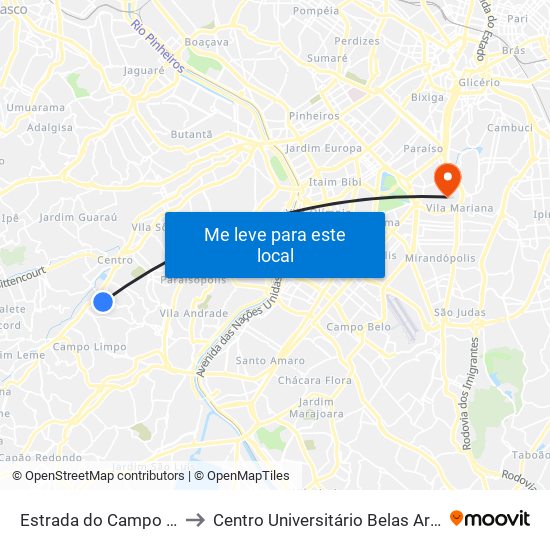Estrada do Campo Limpo 5322 to Centro Universitário Belas Artes de São Paulo map
