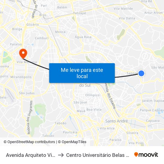 Avenida Arquiteto Vilanova Artigas to Centro Universitário Belas Artes de São Paulo map