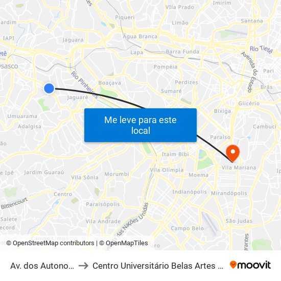 Av. dos Autonomistas to Centro Universitário Belas Artes de São Paulo map