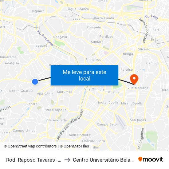 Rod. Raposo Tavares - Raposo Shopping to Centro Universitário Belas Artes de São Paulo map