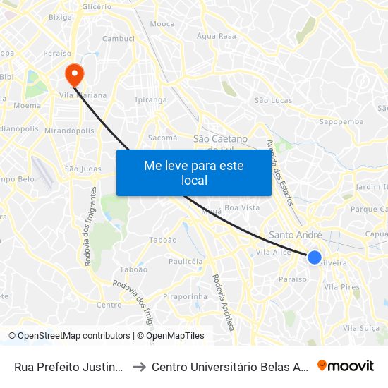 Rua Prefeito Justino Paixão 698 to Centro Universitário Belas Artes de São Paulo map