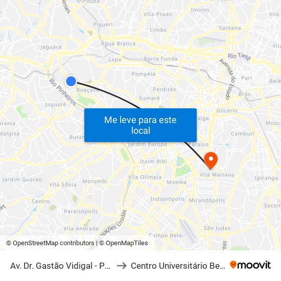Av. Dr. Gastão Vidigal - Portões 4 e 5 da Ceagesp to Centro Universitário Belas Artes de São Paulo map