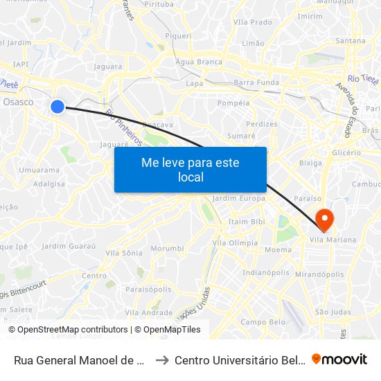 Rua General Manoel de Azambuja Brilhante 456 to Centro Universitário Belas Artes de São Paulo map