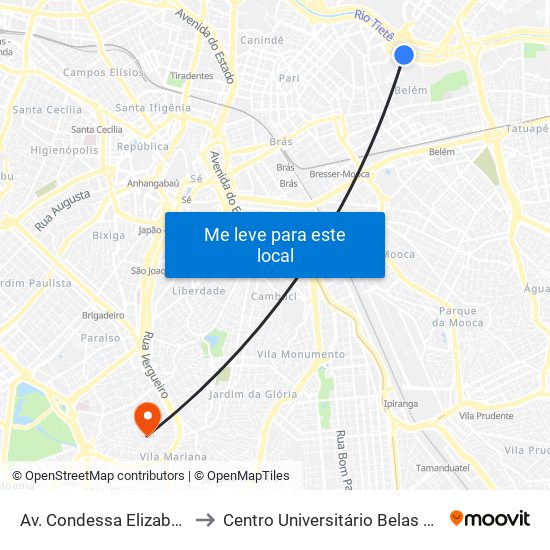 Av. Condessa Elizabeth de Robiano to Centro Universitário Belas Artes de São Paulo map