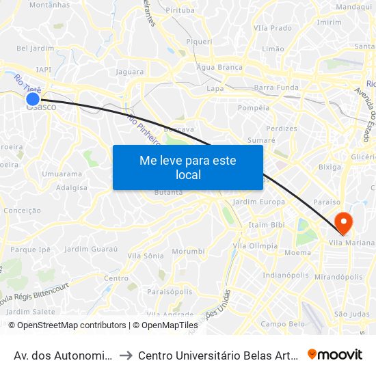 Av. dos Autonomistas 5110 to Centro Universitário Belas Artes de São Paulo map