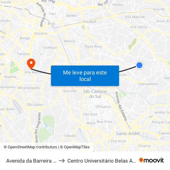 Avenida da Barreira Grande 1679 to Centro Universitário Belas Artes de São Paulo map