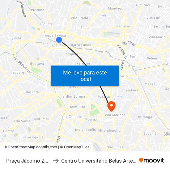 Praça Jácomo Zanella 234 to Centro Universitário Belas Artes de São Paulo map