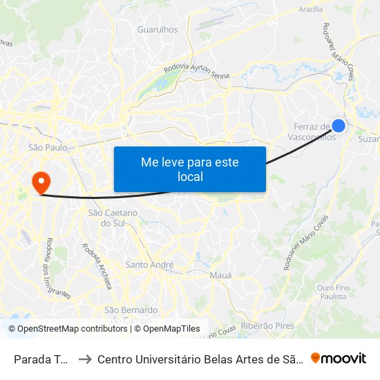 Parada Tunel to Centro Universitário Belas Artes de São Paulo map
