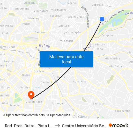 Rod. Pres. Dutra - Pista Lateral - R. Mavilda Neves to Centro Universitário Belas Artes de São Paulo map