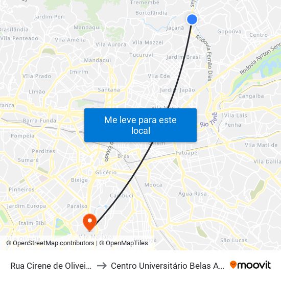 Rua Cirene de Oliveira Laet, 1101 to Centro Universitário Belas Artes de São Paulo map