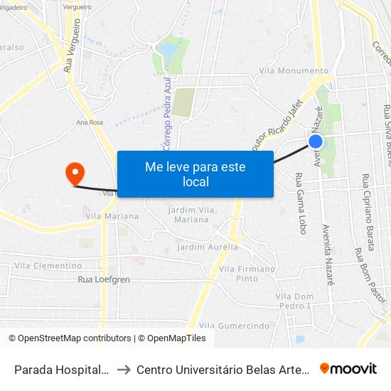 Parada Hospital Ipiranga to Centro Universitário Belas Artes de São Paulo map