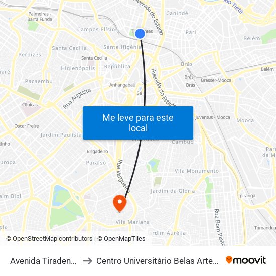 Avenida Tiradentes 2194 to Centro Universitário Belas Artes de São Paulo map