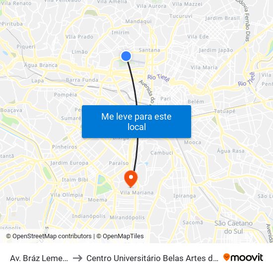 Av. Bráz Leme, 1631 to Centro Universitário Belas Artes de São Paulo map