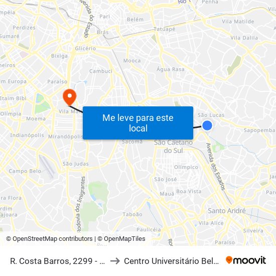 R. Costa Barros, 2299 - Vila Alpina, São Paulo to Centro Universitário Belas Artes de São Paulo map