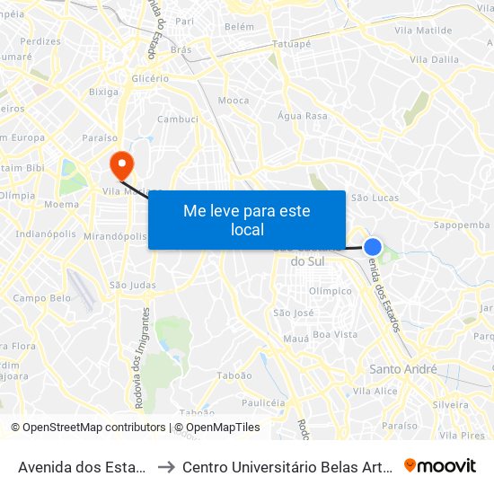 Av. dos Estados, 4576 - Utinga, Santo André to Centro Universitário Belas Artes de São Paulo map