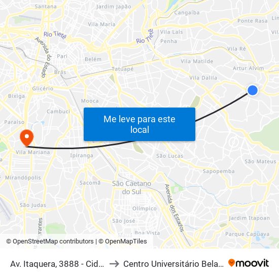 Av. Itaquera, 3888 - Cidade Líder, São Paulo to Centro Universitário Belas Artes de São Paulo map