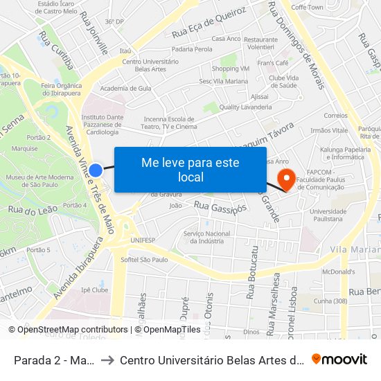 Parada 2 - Mac/Usp to Centro Universitário Belas Artes de São Paulo map