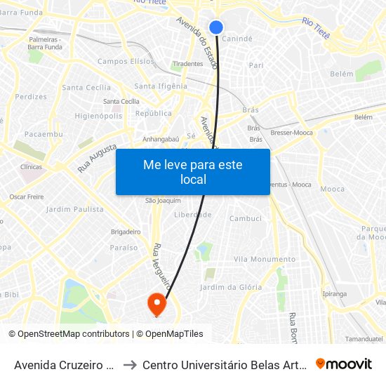 Avenida Cruzeiro do Sul 821 to Centro Universitário Belas Artes de São Paulo map