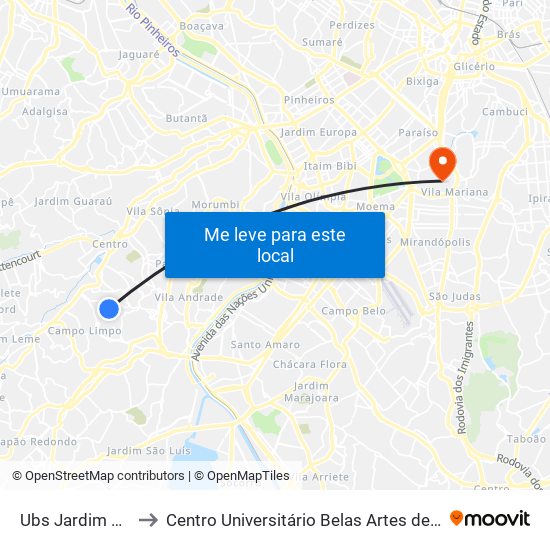 Ubs Jardim Olinda to Centro Universitário Belas Artes de São Paulo map