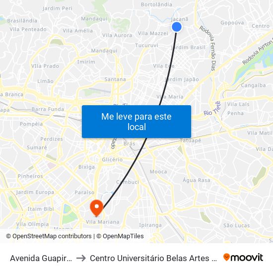 Av. Guapira, 2409 - Vila Constança, São Paulo to Centro Universitário Belas Artes de São Paulo map
