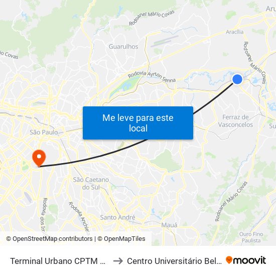 Terminal Urbano CPTM Engenheiro Manoel Feio to Centro Universitário Belas Artes de São Paulo map