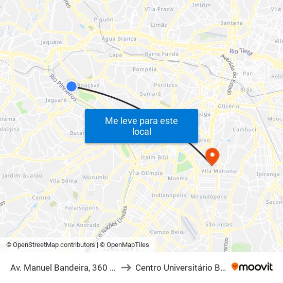 Av. Manuel Bandeira, 360 - Vila Leopoldina, São Paulo to Centro Universitário Belas Artes de São Paulo map