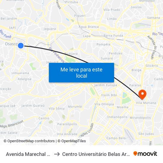 Avenida Marechal Rondon 249 to Centro Universitário Belas Artes de São Paulo map