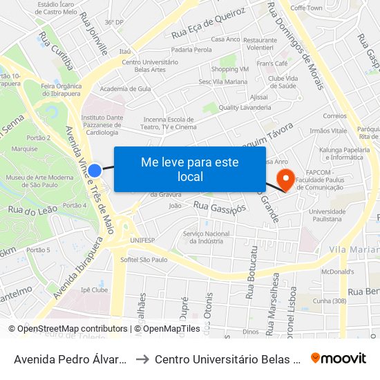 Avenida Pedro Álvares Cabral 3037 to Centro Universitário Belas Artes de São Paulo map