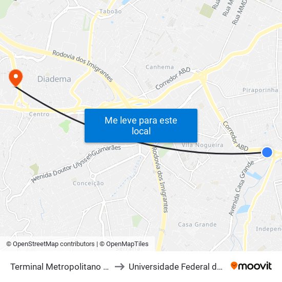 Terminal Metropolitano Piraporinha to Universidade Federal de São Paulo map