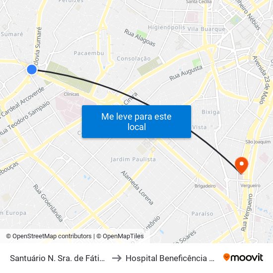 Santuário N. Sra. de Fátima-Sumaré to Hospital Beneficência Portuguesa map