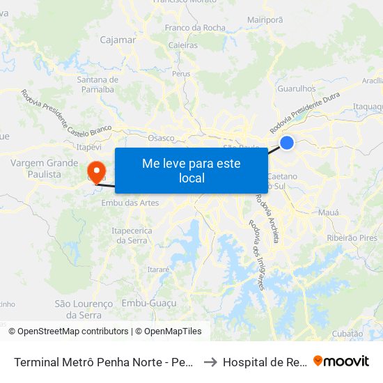 Terminal Metrô Penha Norte - Penha de França, São Paulo to Hospital de Regional Cotia map