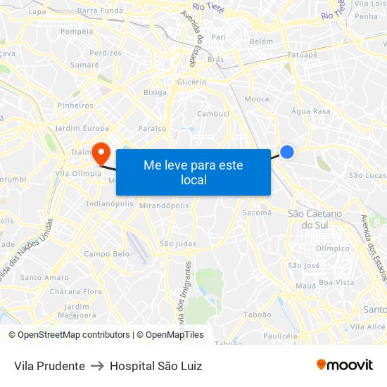 Vila Prudente to Hospital São Luiz map