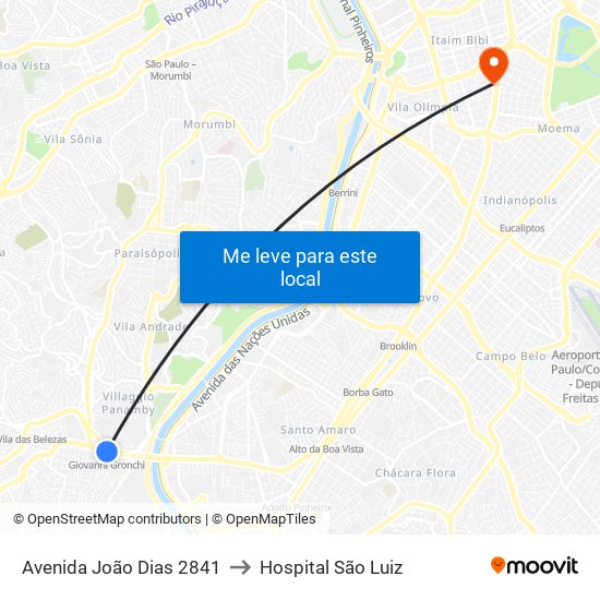 Avenida João Dias 2841 to Hospital São Luiz map