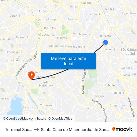 Terminal Sacomã to Santa Casa de Misericórdia de Santo Amaro map