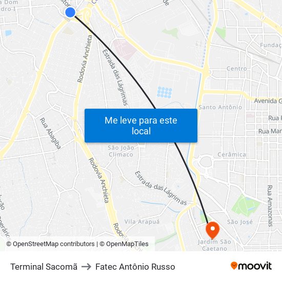 Terminal Sacomã to Fatec Antônio Russo map