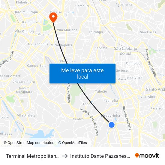 Terminal Metropolitano Piraporinha to Instituto Dante Pazzanese de Cardiologia map